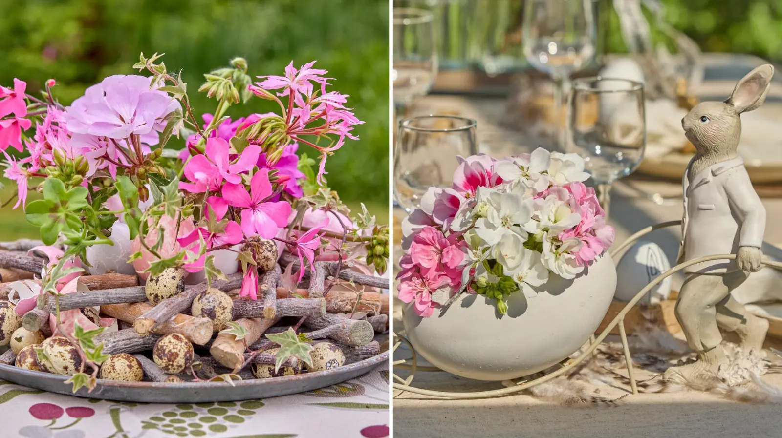 Pâques aux géraniums – idées pour une table colorée et décorations printanières