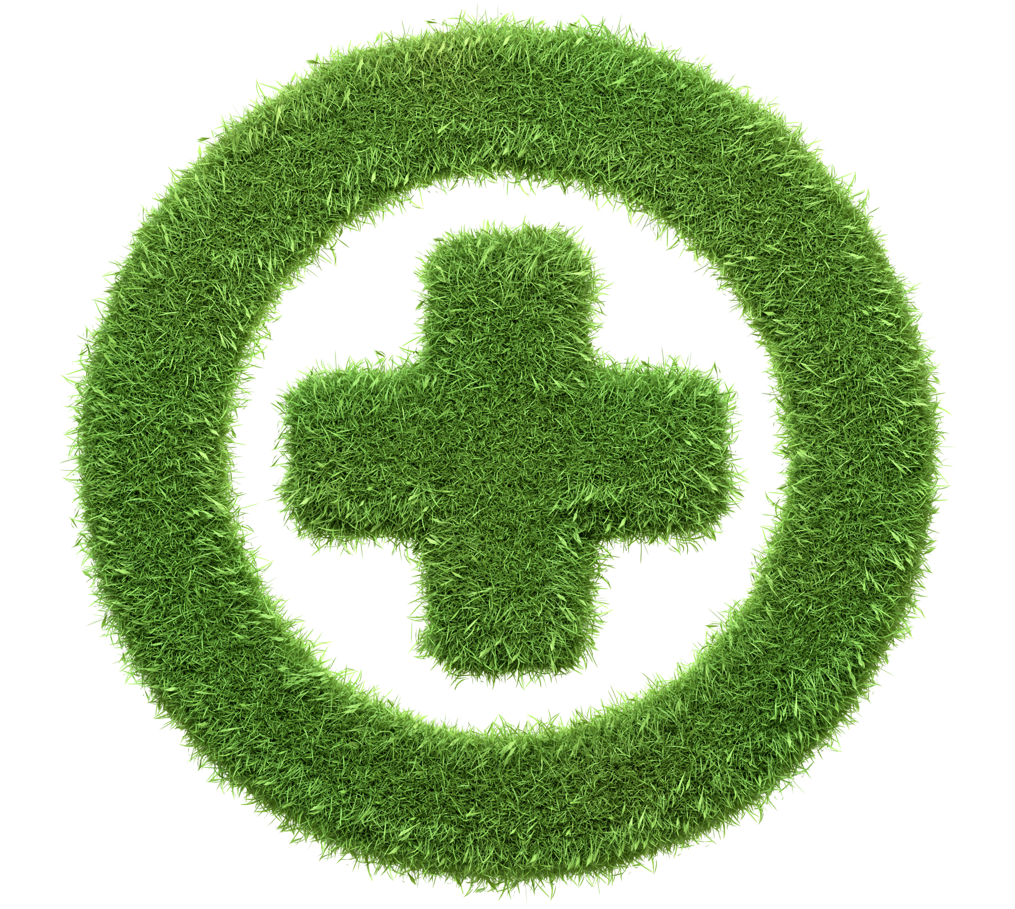 Un signe médical plus entouré d'un cercle, fabriqué à partir d'herbe verte