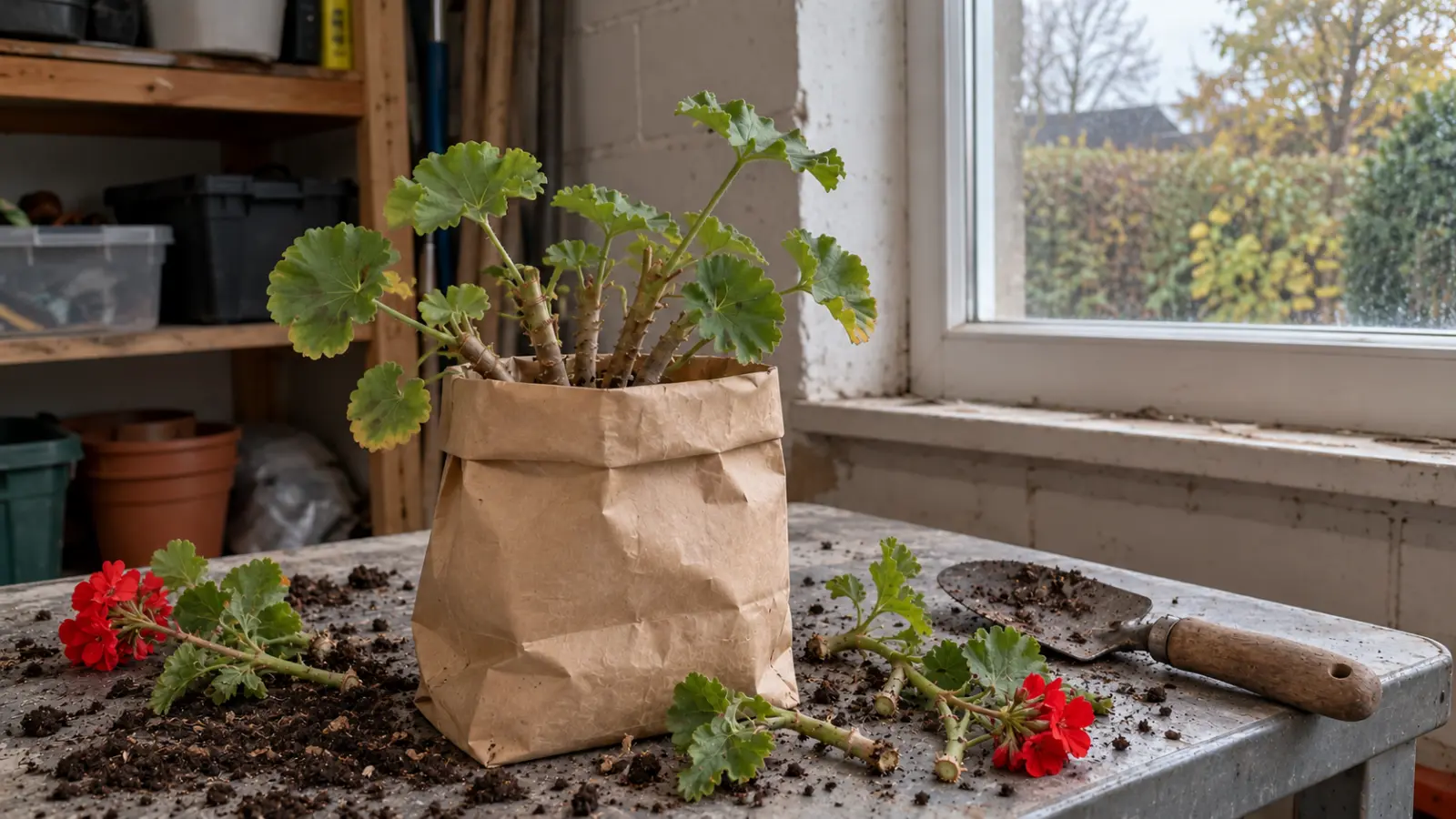 Hiverner les géraniums sans terre et sans pot - dans un sac en papier